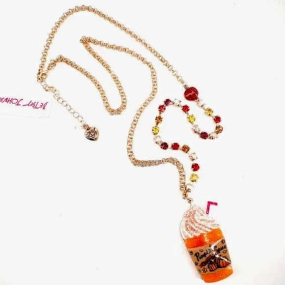 New Betsey Johnson Pumpkin Spice Pendant Fall Latte Crystal Necklace - Picture 4 of 13